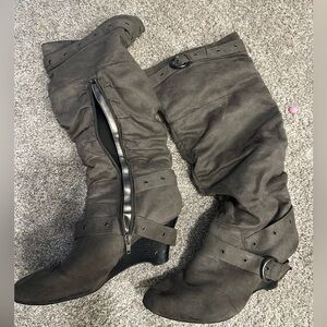Dark Gray Slouchy Boots with Buckle and Zipper